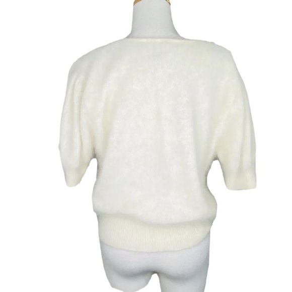 I B DIFFUSION Angora Sweater Dolman Sleeve Ivory Beaded Bow Accent Vintage Top - Picture 4 of 11